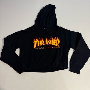 Thrasher Magazine Flame Logo Cropped Hoodie Sweatshirt Black XS